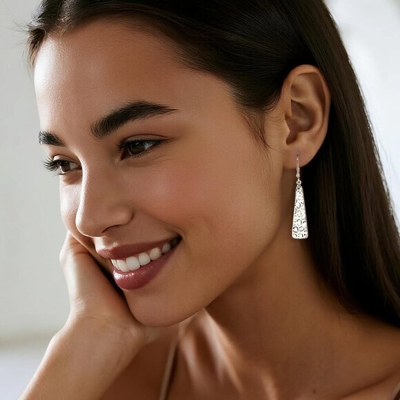 925 Sterling Silver French  Hammer Square Bar Long Drop Leverback Earring - Picture 5 of 7